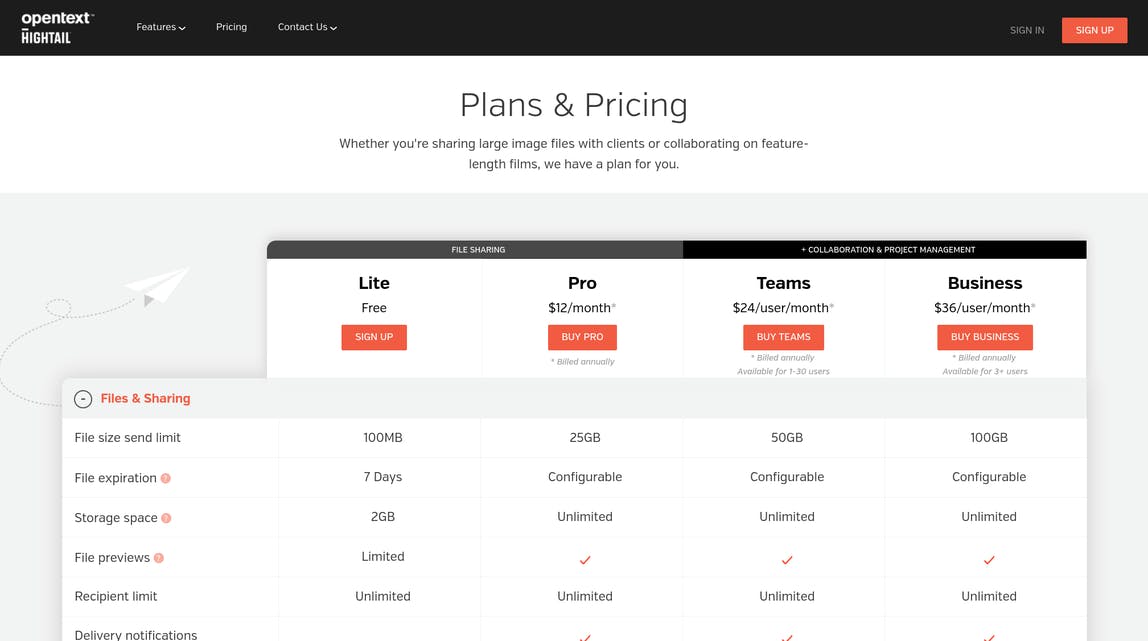 Screenshot of Hightail's pricing page