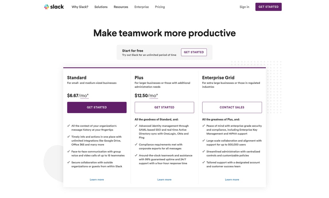 Slack pricing page screenshot - three tiers.