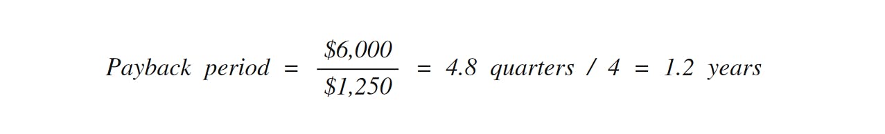 payback period = $6,000 / $1,250 = 4.8 quarters / 4 = 1.2 years