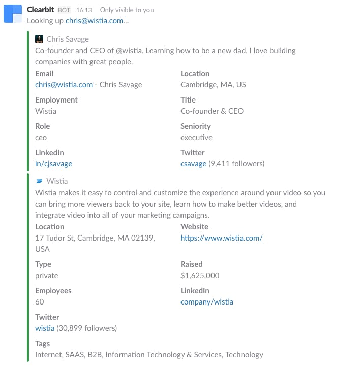Clearbit's slack integration surfaces a snapshot of persona information about contact chris@wistia.com