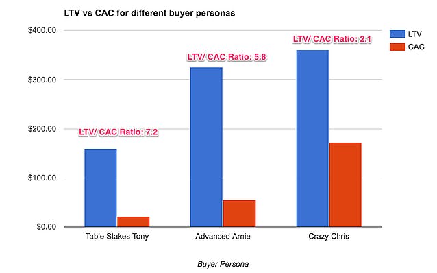 LTV vs CAC for different buyer personas shows variance and how some personas have a healthier LTV/CAC Ratio 