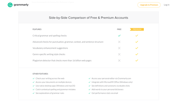 grammarly-pricing-01-comparison.png Grammarly's pricing page doesn't distinguish which features come for free and which are premium. Grammarly's pricing page doesn't distinguish which features come for free and which are premium.