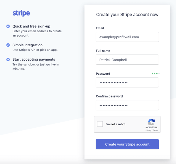 Stripe signup page